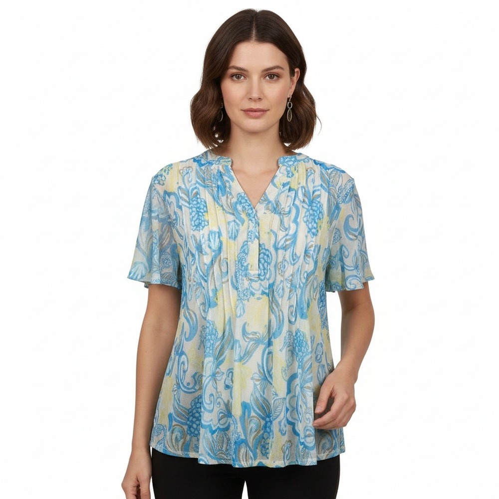 Kim Rogers Women's Blue Floral‎ Print Sheer Tunic Top Blouse Size L
